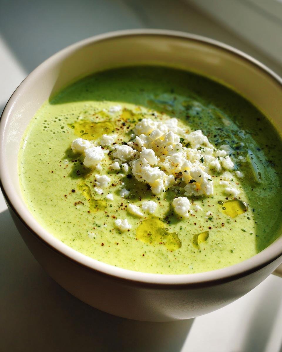 A bowl of Schnelle Spinat-Feta-Suppe, creamy spinach and feta soup, topped with feta and olive oil.