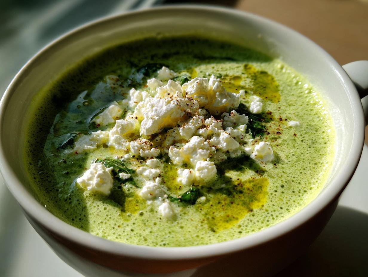 Bowl of Schnelle Spinat-Feta-Suppe, a creamy spinach and feta soup, topped with feta crumbles and spices.
