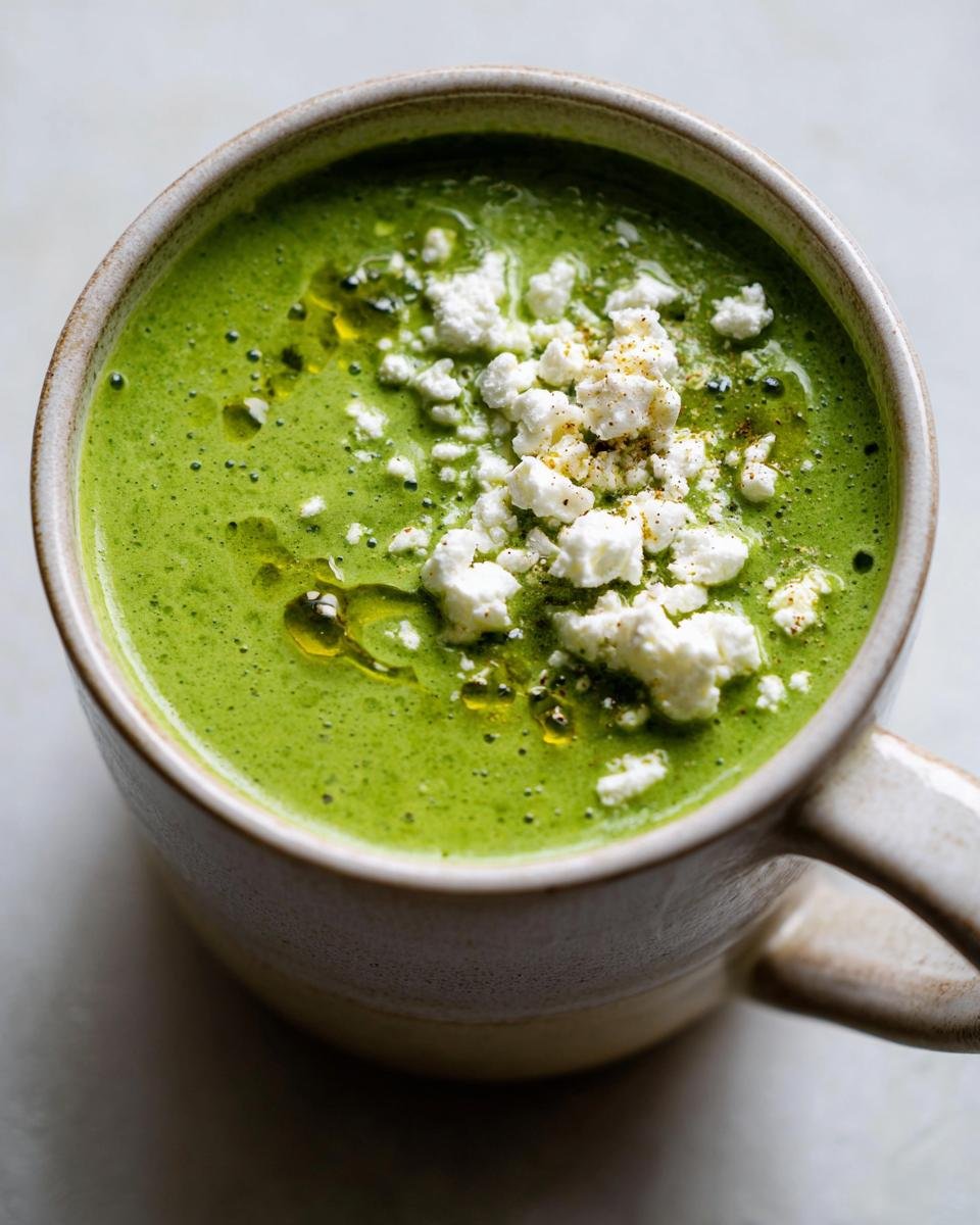 Close-up of Schnelle Spinat-Feta-Suppe in a mug, topped with crumbled feta and olive oil.