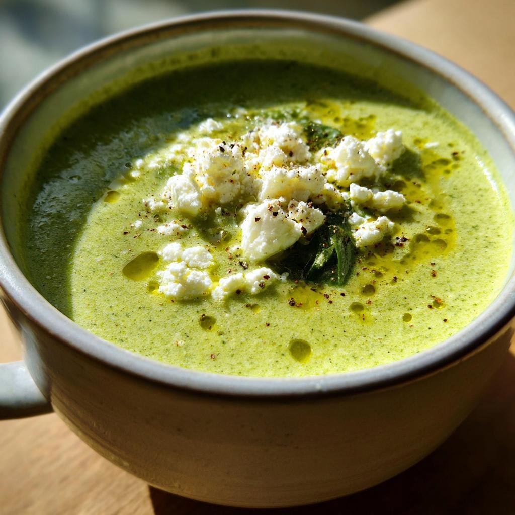 Nahaufnahme einer Schüssel Schnelle Spinat-Feta-Suppe, garniert mit Feta-Käse und Olivenöl.