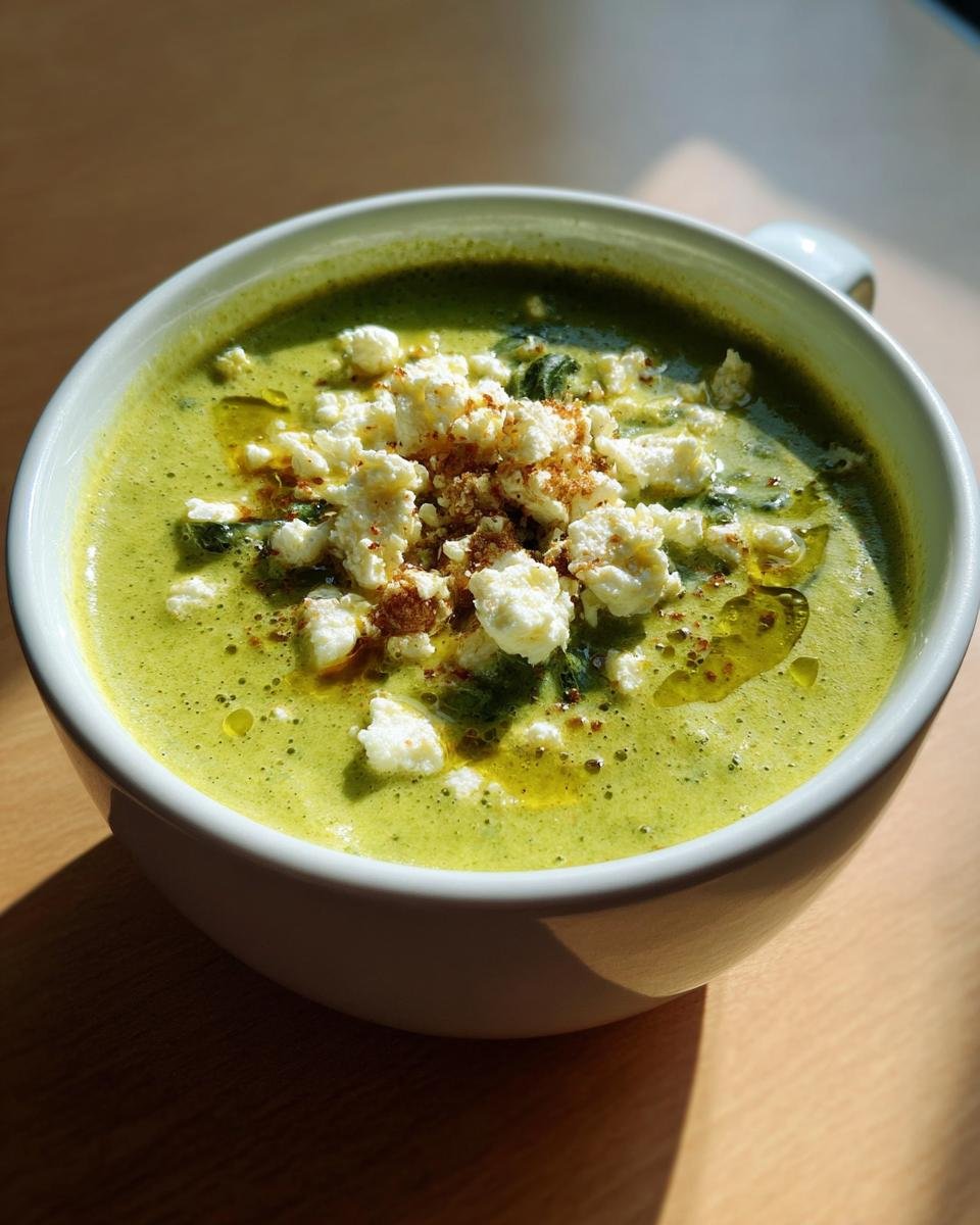 Bowl of Schnelle Spinat-Feta-Suppe: Cremig & Herzhaft, topped with feta cheese and spices.