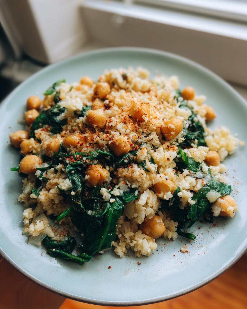 Schneller Blumenkohlreis mit Kichererbsen & Spinat on a plate, a healthy and delicious meal.