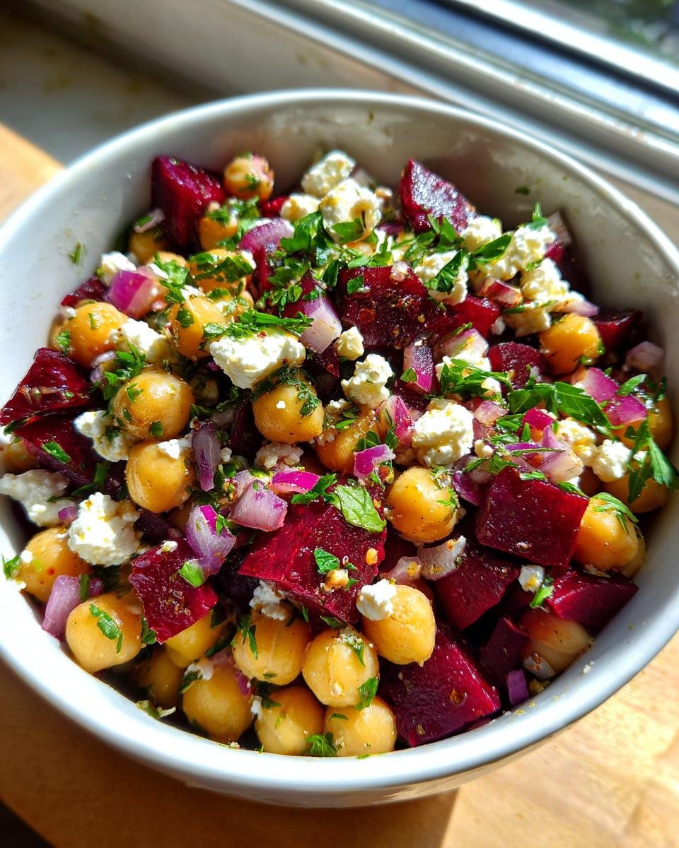 Nahaufnahme von Schneller & Farbenfroher Kichererbsen-Rote-Bete-Feta-Salat in einer weißen Schüssel, garniert mit frischen Kräutern.