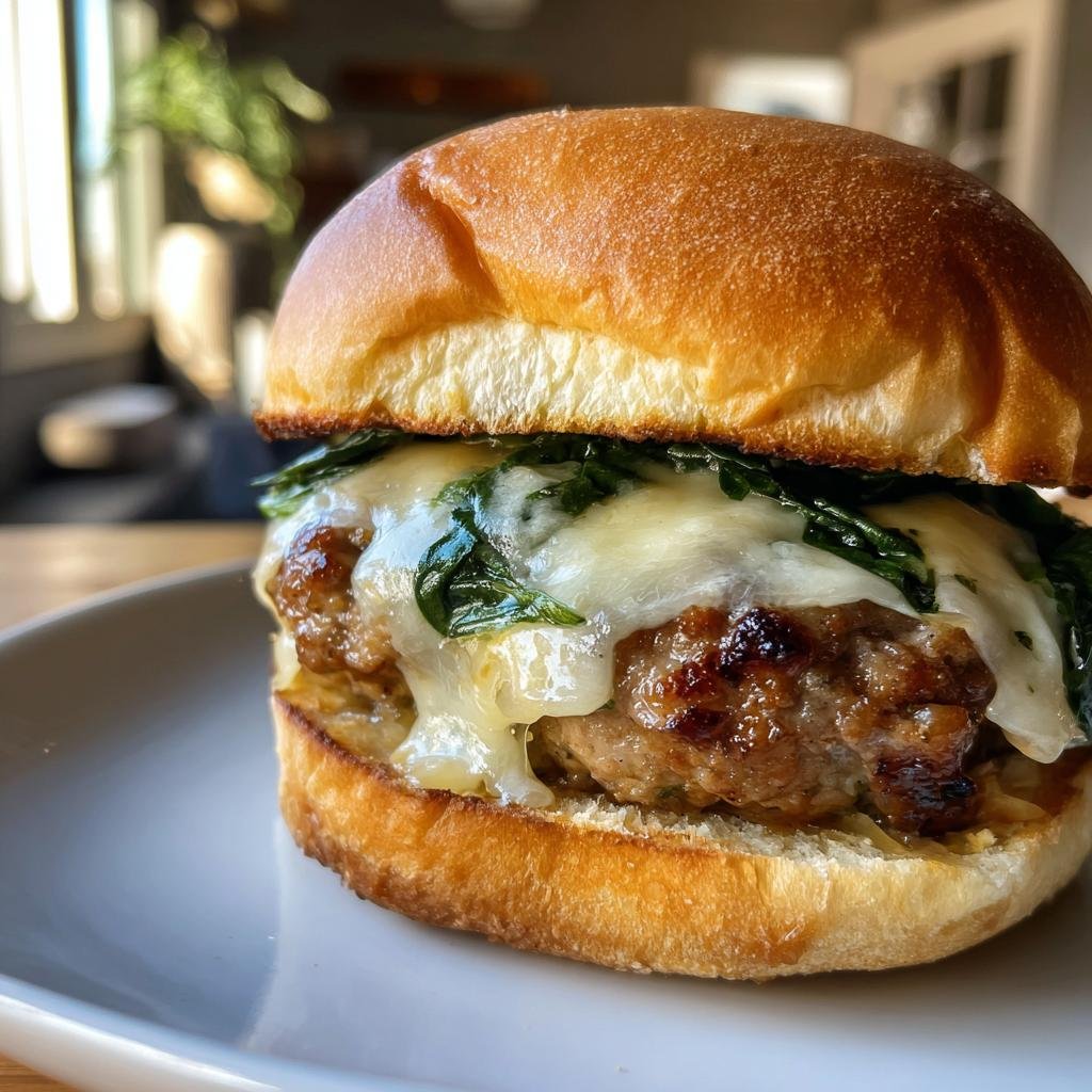 Saftiger Schneller Hähnchen-Burger mit weißem Cheddar & Spinat auf einem Teller, bereit zum Genießen.