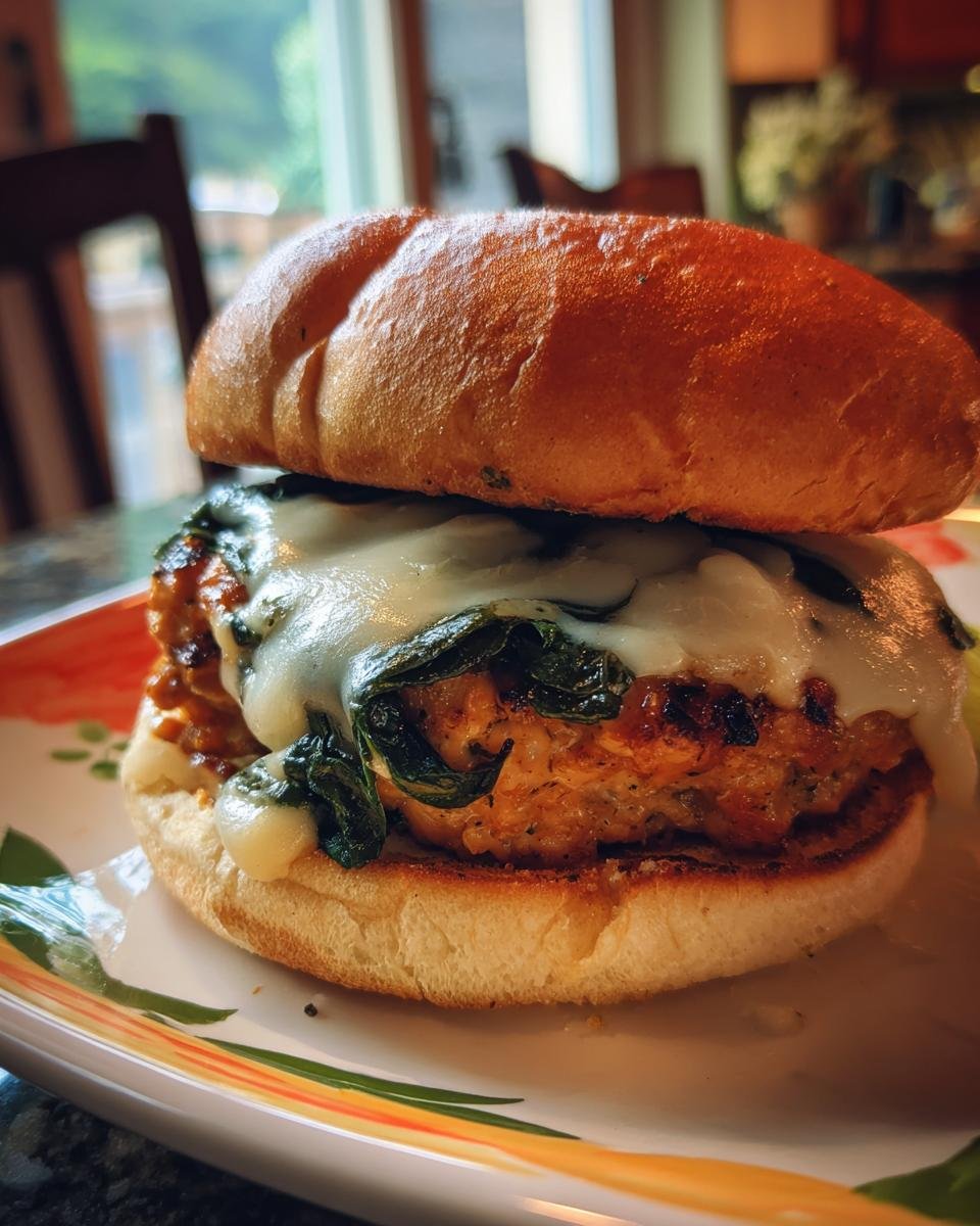 Schneller Hähnchen-Burger mit weißem Cheddar & Spinat, served on a plate. Delicious!