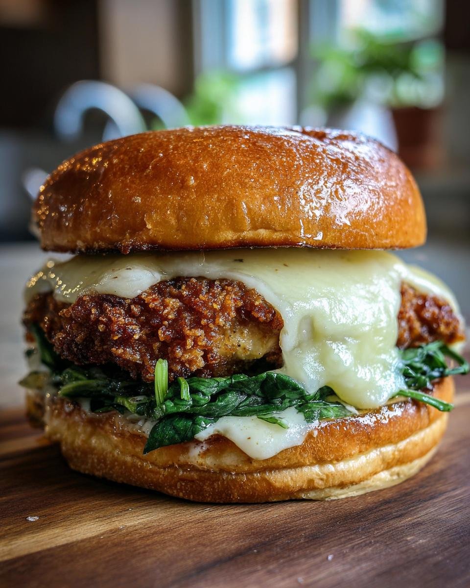 Delicious Schneller Hähnchen-Burger mit weißem Cheddar & Spinat, stacked on a wooden board.
