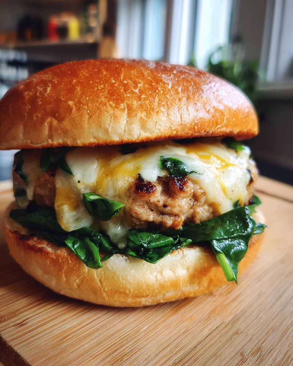 Delicious Schneller Hähnchen-Burger mit weißem Cheddar & Spinat on a wooden board.