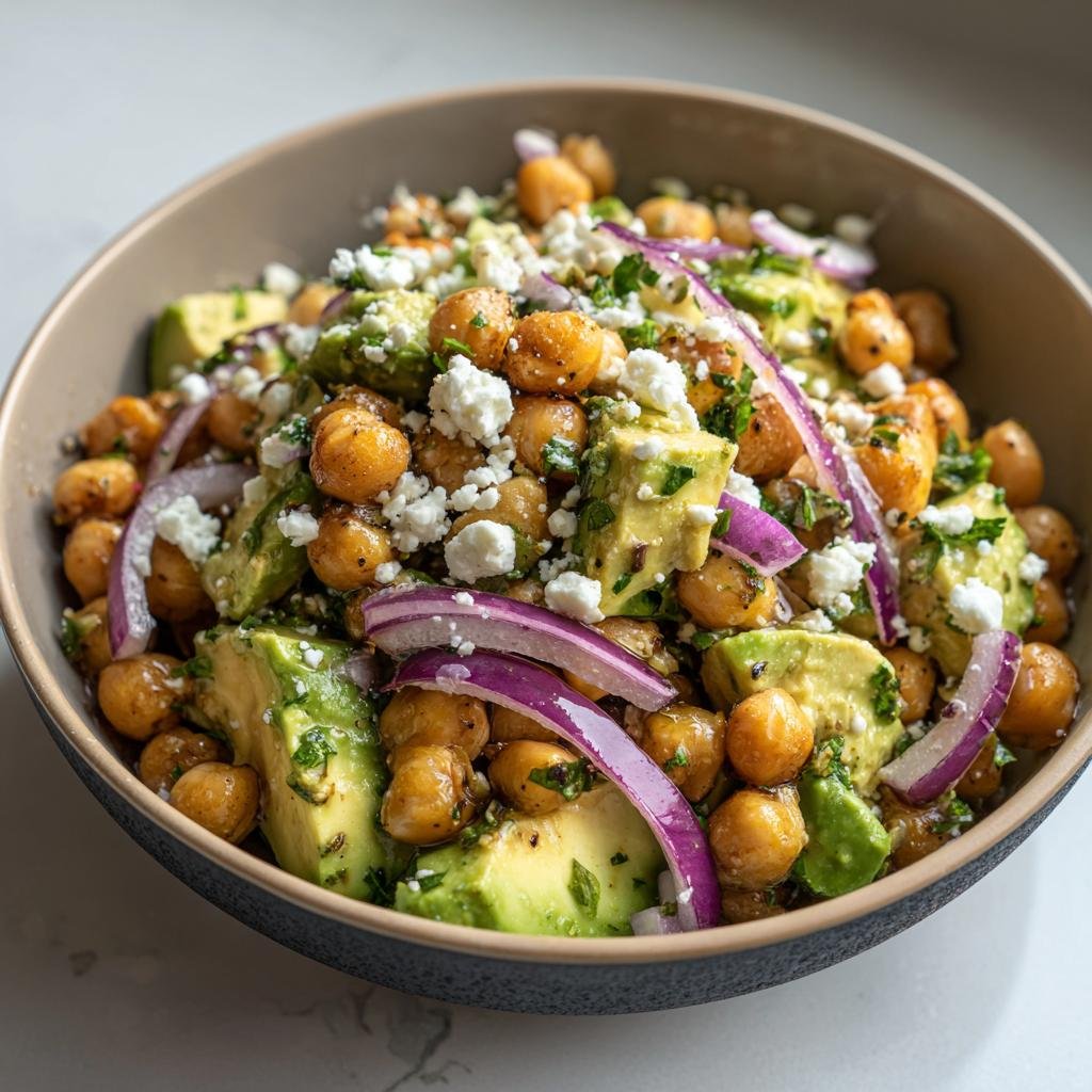 A bowl of Schneller Kichererbsen-Feta-Avocado-Salat, featuring chickpeas, feta, avocado, and red onion.