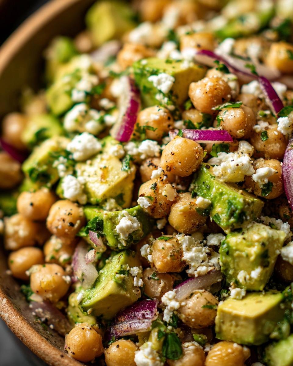 Close-up of Schneller Kichererbsen-Feta-Avocado-Salat with chickpeas, feta, avocado, and red onion.