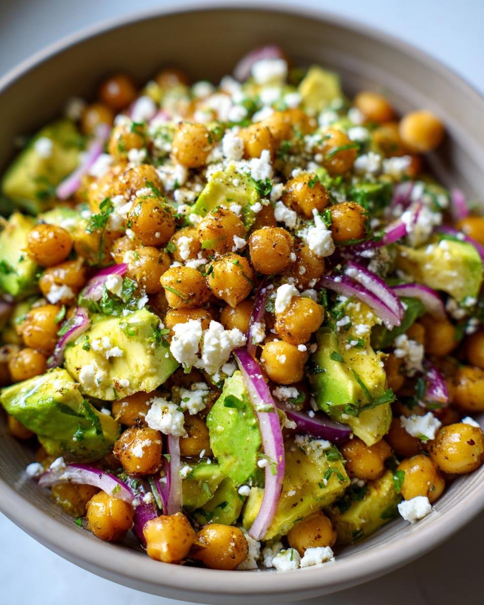 Close-up of Schneller Kichererbsen-Feta-Avocado-Salat in a bowl, featuring chickpeas, feta, avocado, and red onion.
