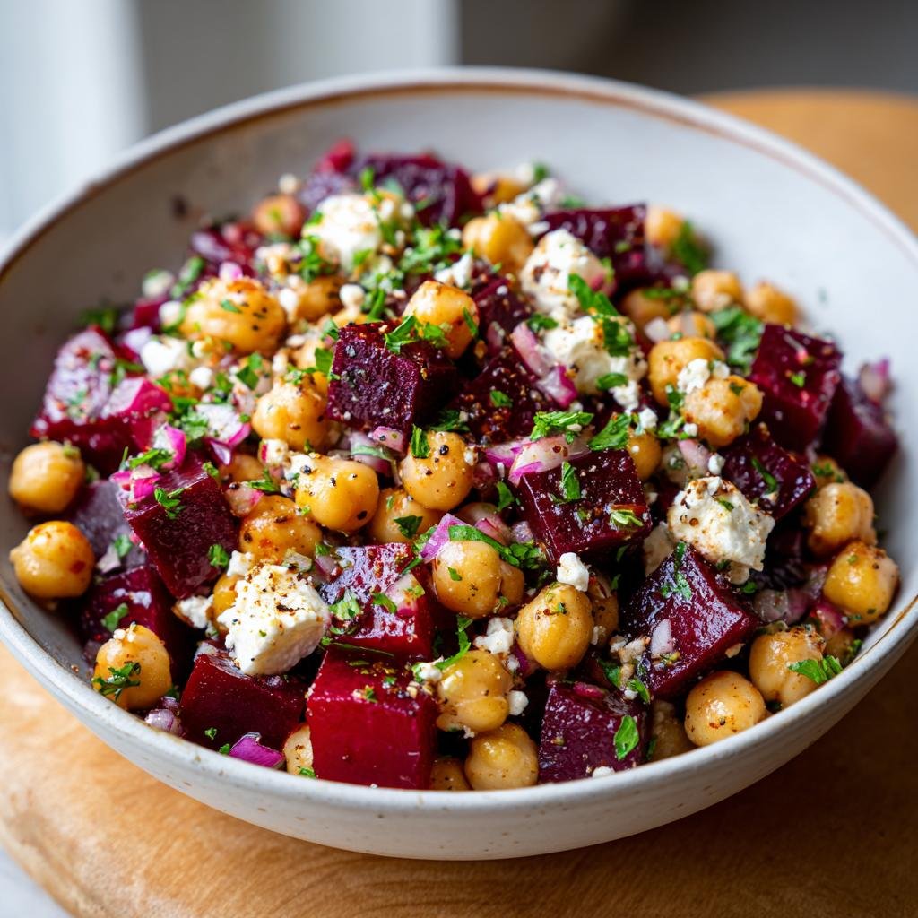 Close-up of Schneller Kichererbsen-Rote-Bete-Feta-Salat in a bowl, showing chickpeas, beets, feta, and herbs.