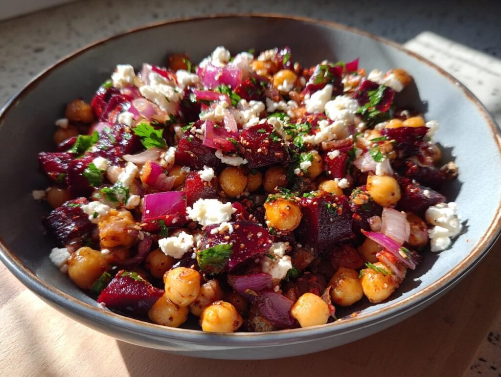 Close-up of Schneller Kichererbsen-Rote-Bete-Feta-Salat in a bowl, featuring chickpeas, beets, feta, and red onions.