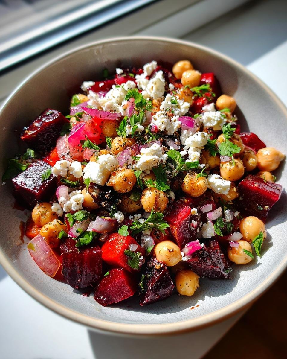 Nahaufnahme eines Schüssel mit Schneller Kichererbsen-Rote-Bete-Feta-Salat, garniert mit Kräutern und Zwiebeln.