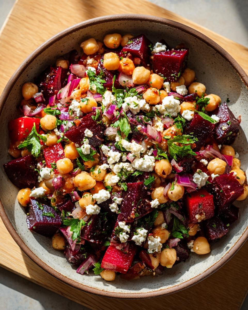 Bowl of Schneller Kichererbsen-Rote-Bete-Feta-Salat with chickpeas, beets, feta, and herbs.