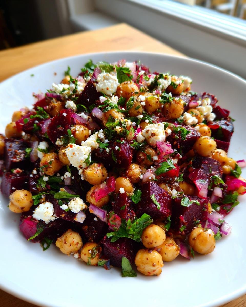 Close-up of Schneller Kichererbsen-Rote-Bete-Feta-Salat featuring chickpeas, beets, feta, and red onion.