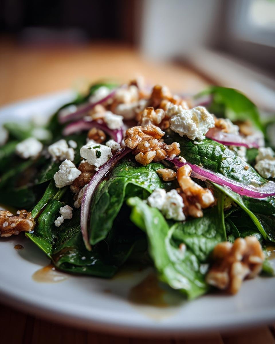 Close-up of Schneller Spinatsalat mit Feta & Walnüssen featuring spinach, feta cheese, red onion, and walnuts.