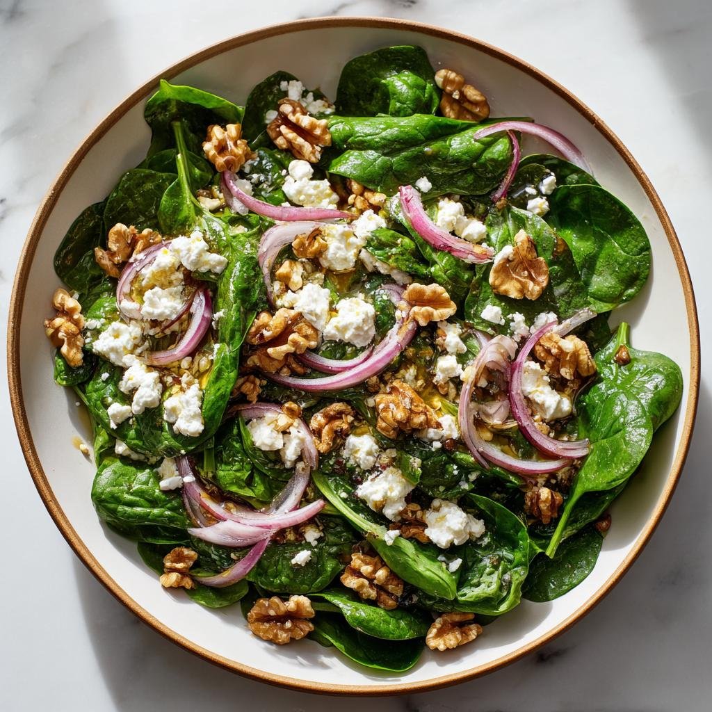 Aufsicht auf Schneller Spinatsalat mit Feta, Walnüssen und roten Zwiebeln in einer Schüssel.