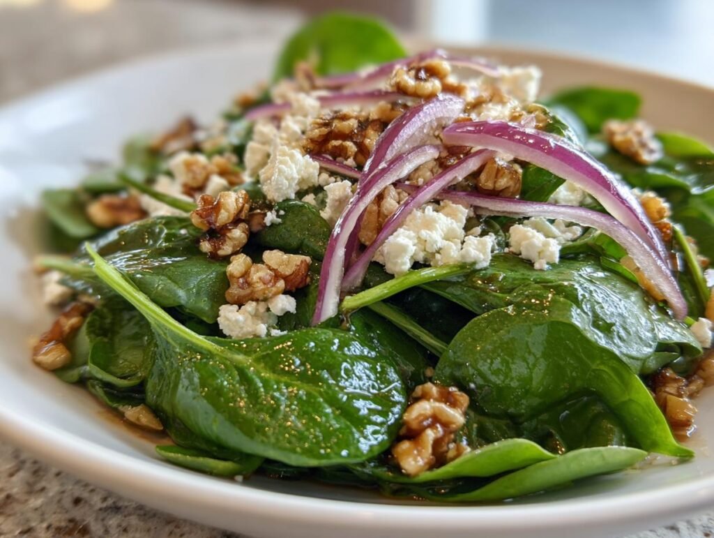 Close-up of Schneller Spinatsalat mit Feta & Walnüssen, featuring spinach, feta cheese, red onion, and walnuts.