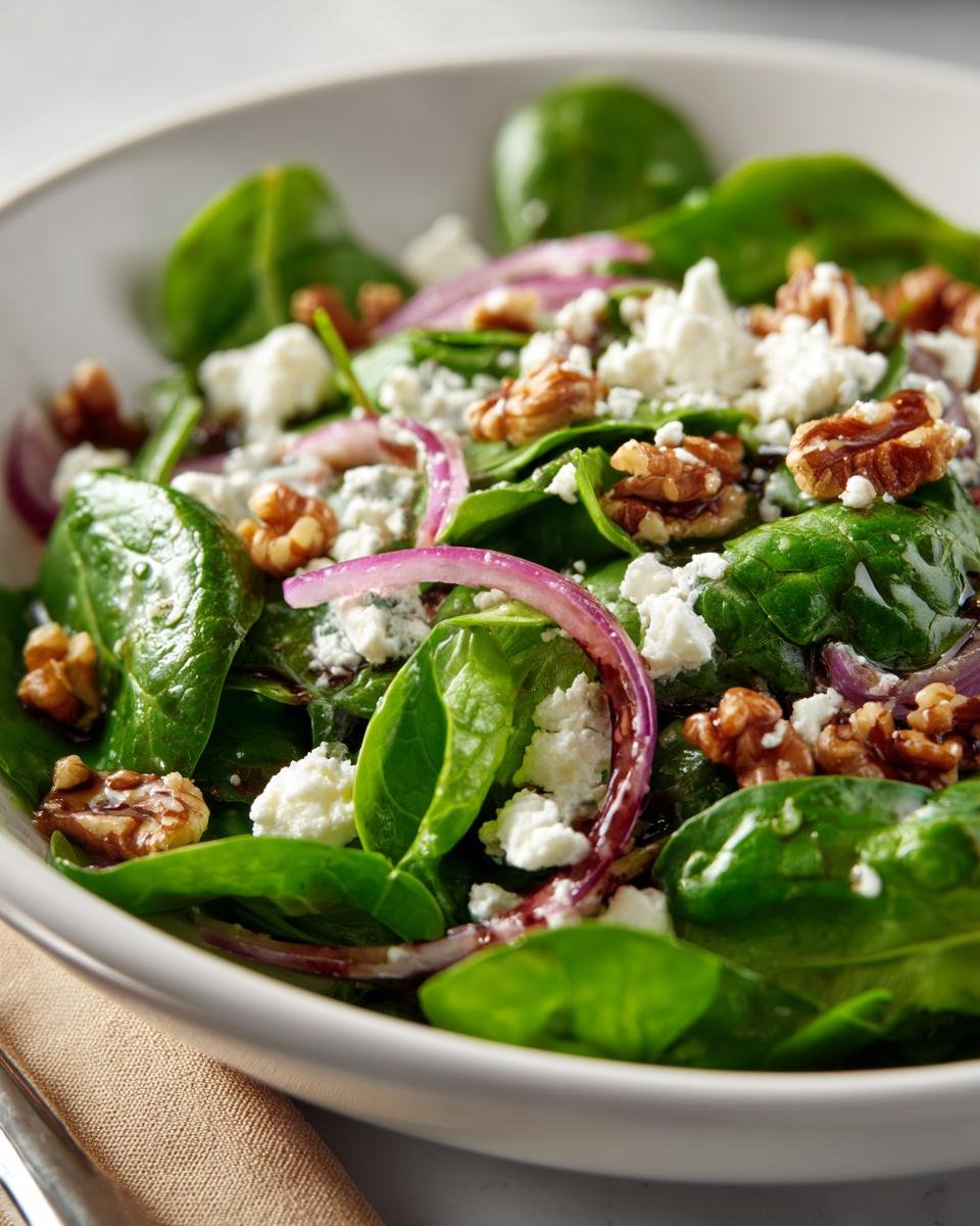 Close-up of Schneller Spinatsalat mit Feta & Walnüssen in a white bowl, featuring spinach, red onion, feta cheese, and walnuts.