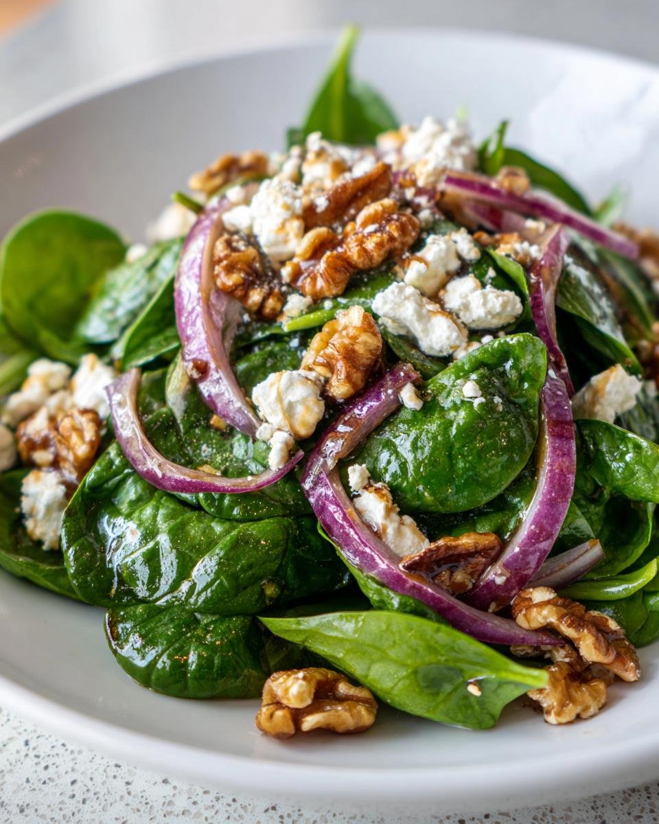 Close-up of Schneller Spinatsalat mit Feta & Walnüssen, featuring spinach, feta cheese, red onion, and walnuts.
