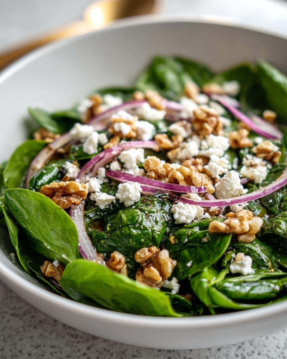 A bowl of Schneller Spinatsalat mit Feta & Walnüssen, featuring spinach, feta cheese, red onion, and walnuts.