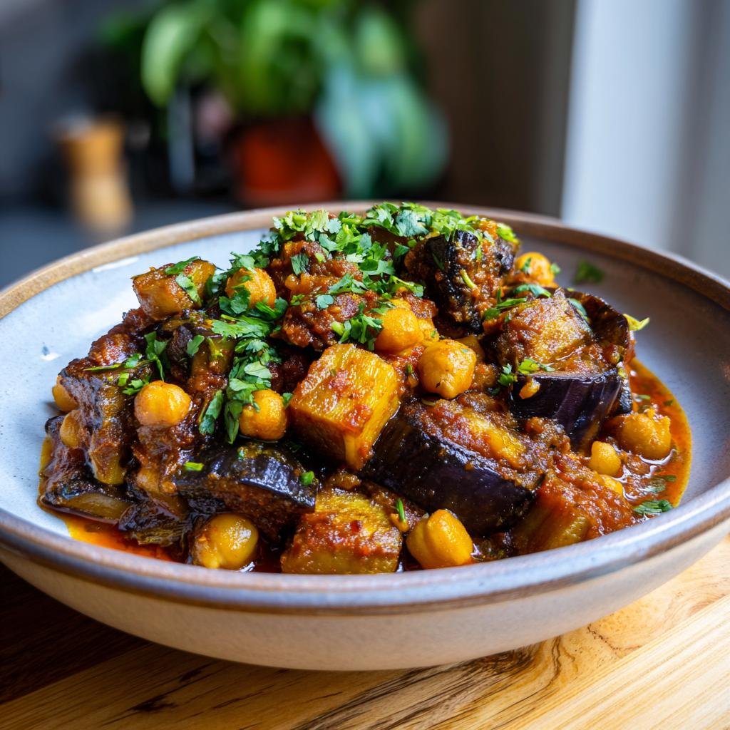 Bowl of Schnelles Auberginen-Kichererbsen-Curry, garnished with fresh herbs. A delicious and quick meal.