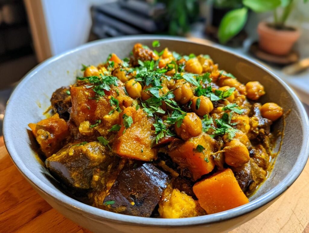 Bowl of Schnelles Auberginen-Kichererbsen-Curry, garnished with fresh parsley. Aubergine and chickpeas are visible.