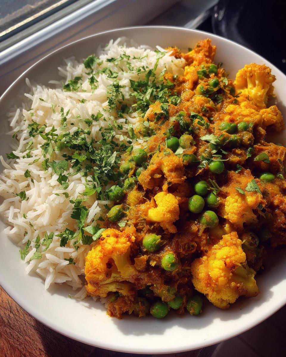 A bowl of Schnelles Blumenkohlcurry mit Erbsen, featuring cauliflower, peas, rice, and fresh herbs.