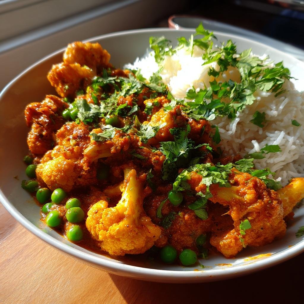 A bowl of Schnelles Blumenkohlcurry mit Erbsen, garnished with fresh cilantro and served with white rice.