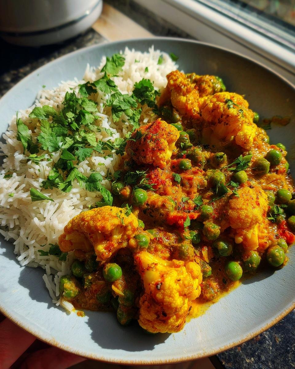 A plate of Schnelles Blumenkohlcurry mit Erbsen, served with rice and garnished with fresh cilantro.