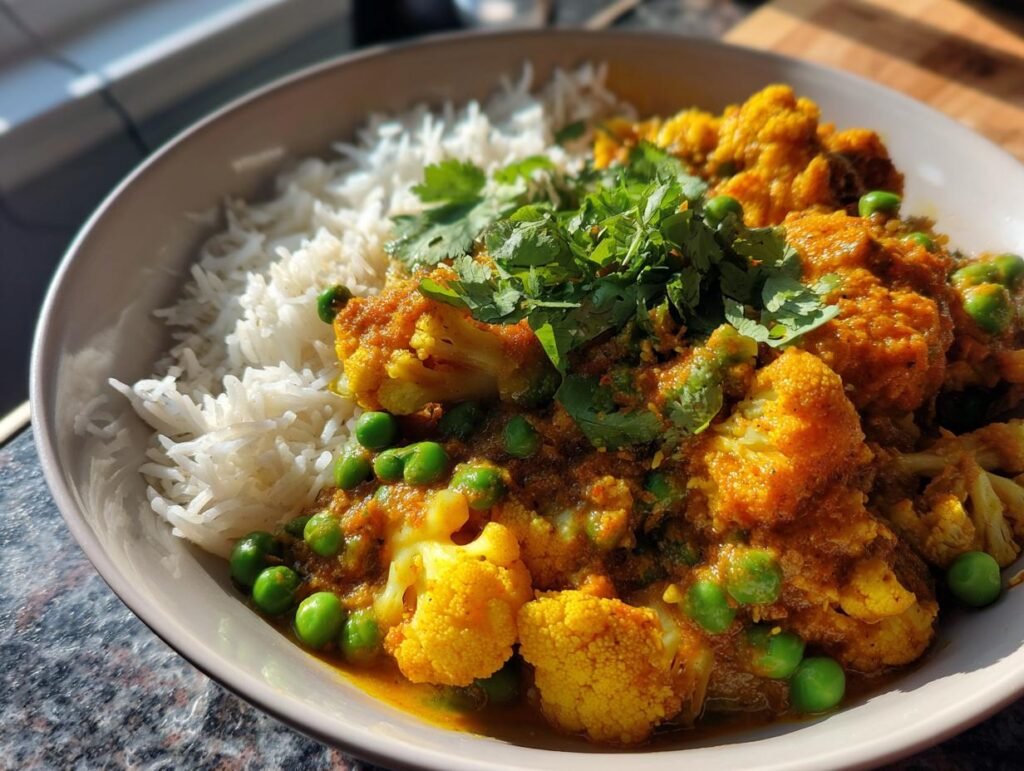 A bowl of creamy and flavorful Schnelles Blumenkohlcurry mit Erbsen, served with fluffy white rice and fresh cilantro.