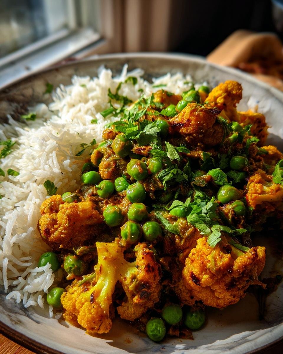 A plate of Schnelles Blumenkohlcurry mit Erbsen, served with rice and garnished with fresh herbs.