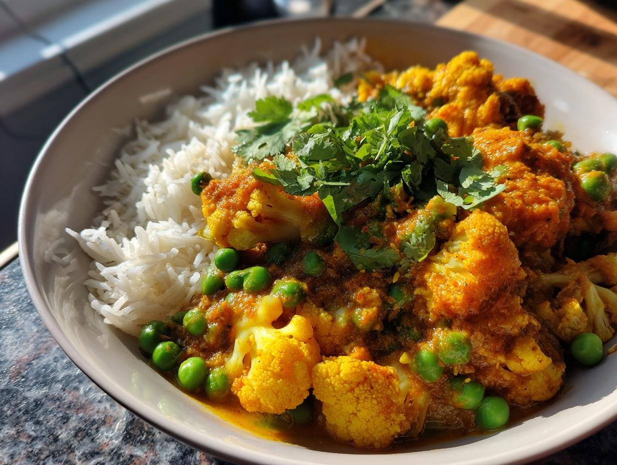 A bowl of creamy and flavorful Schnelles Blumenkohlcurry mit Erbsen, served with fluffy white rice and fresh cilantro.