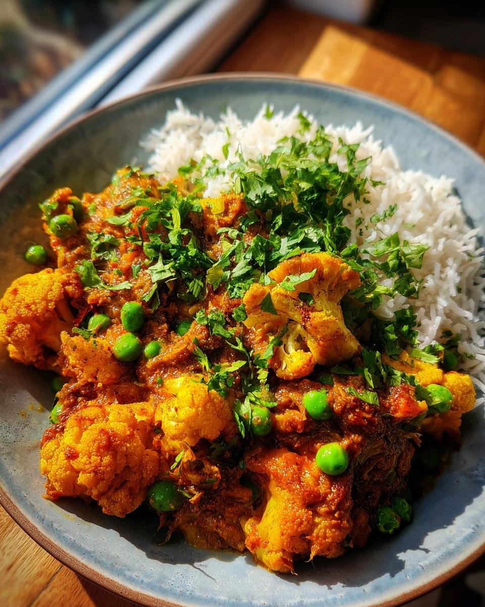 A bowl of Schnelles Blumenkohlcurry mit Erbsen, garnished with fresh herbs and served with rice.