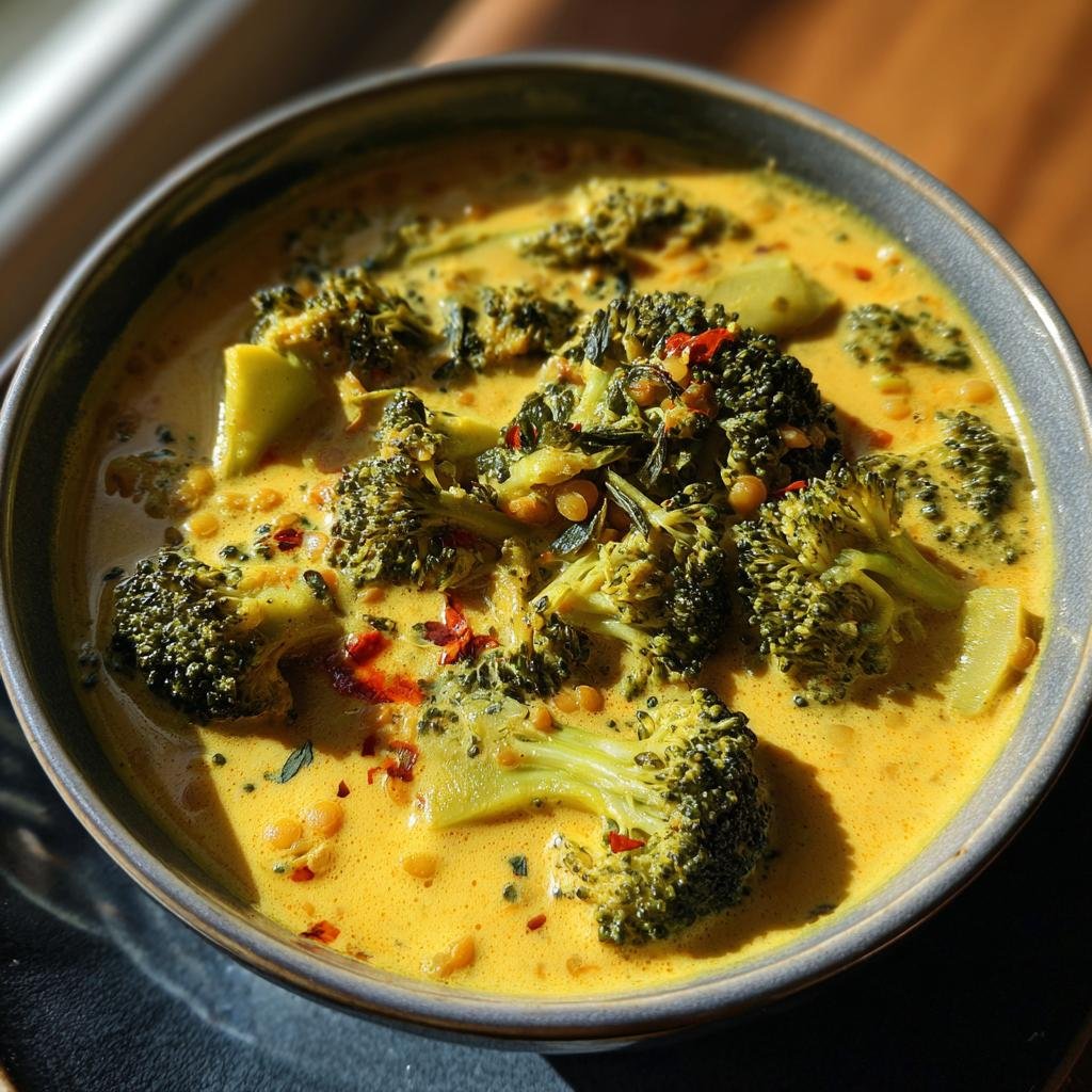 Bowl of Schnelles Brokkolicurry mit roten Linsen, a quick broccoli curry with red lentils.