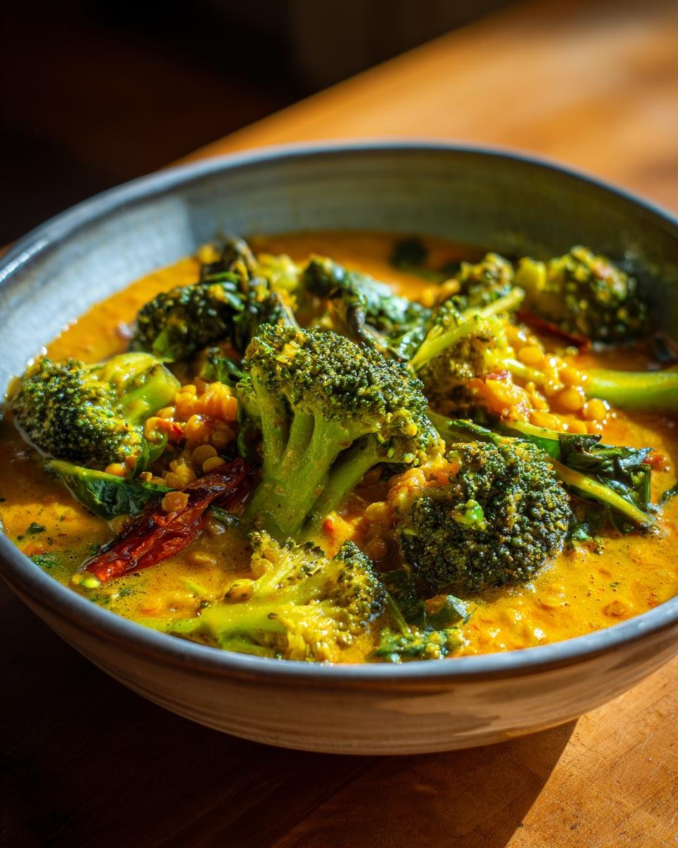 Close-up of Schnelles Brokkolicurry mit roten Linsen in a bowl, showcasing broccoli and red lentils.