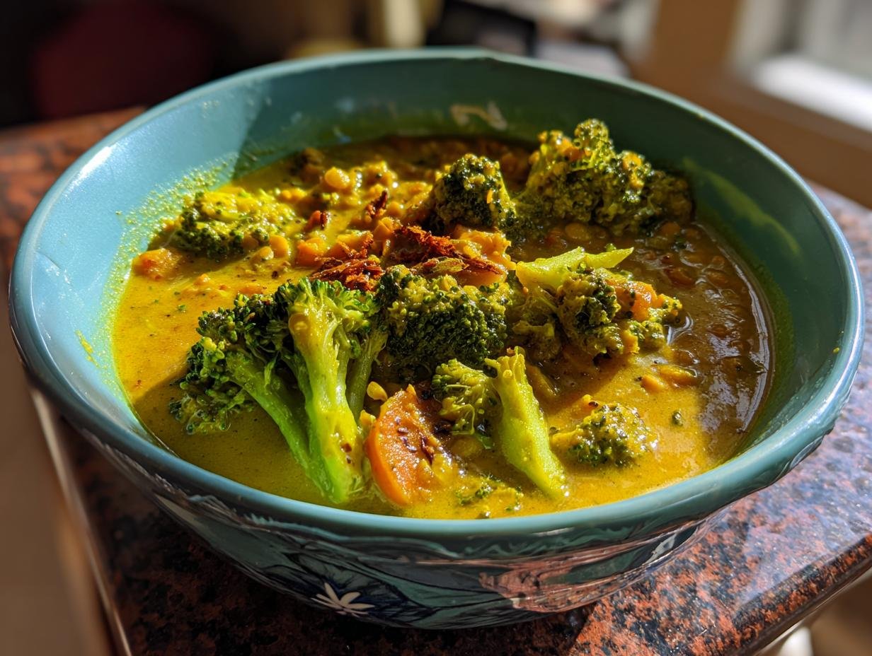 A bowl of Schnelles Brokkolicurry mit roten Linsen, featuring broccoli, red lentils, and a creamy curry sauce.