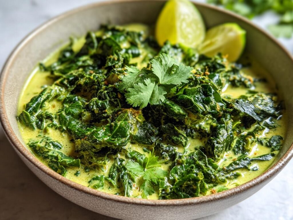 Bowl of Schnelles Grünkohl-Kokos-Curry garnished with cilantro and lime wedges.