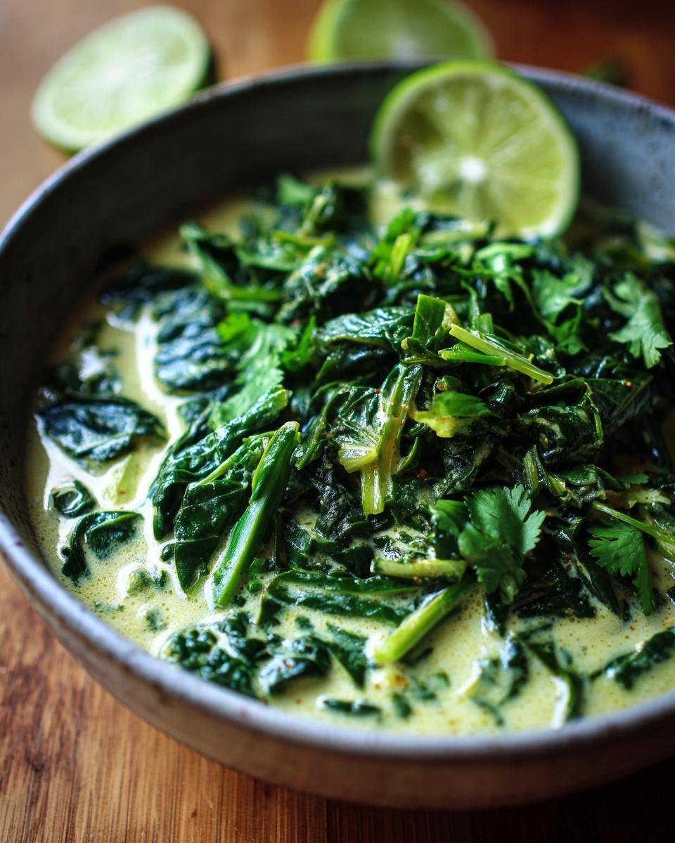Bowl of Schnelles Grünkohl-Kokos-Curry garnished with cilantro and lime wedges.
