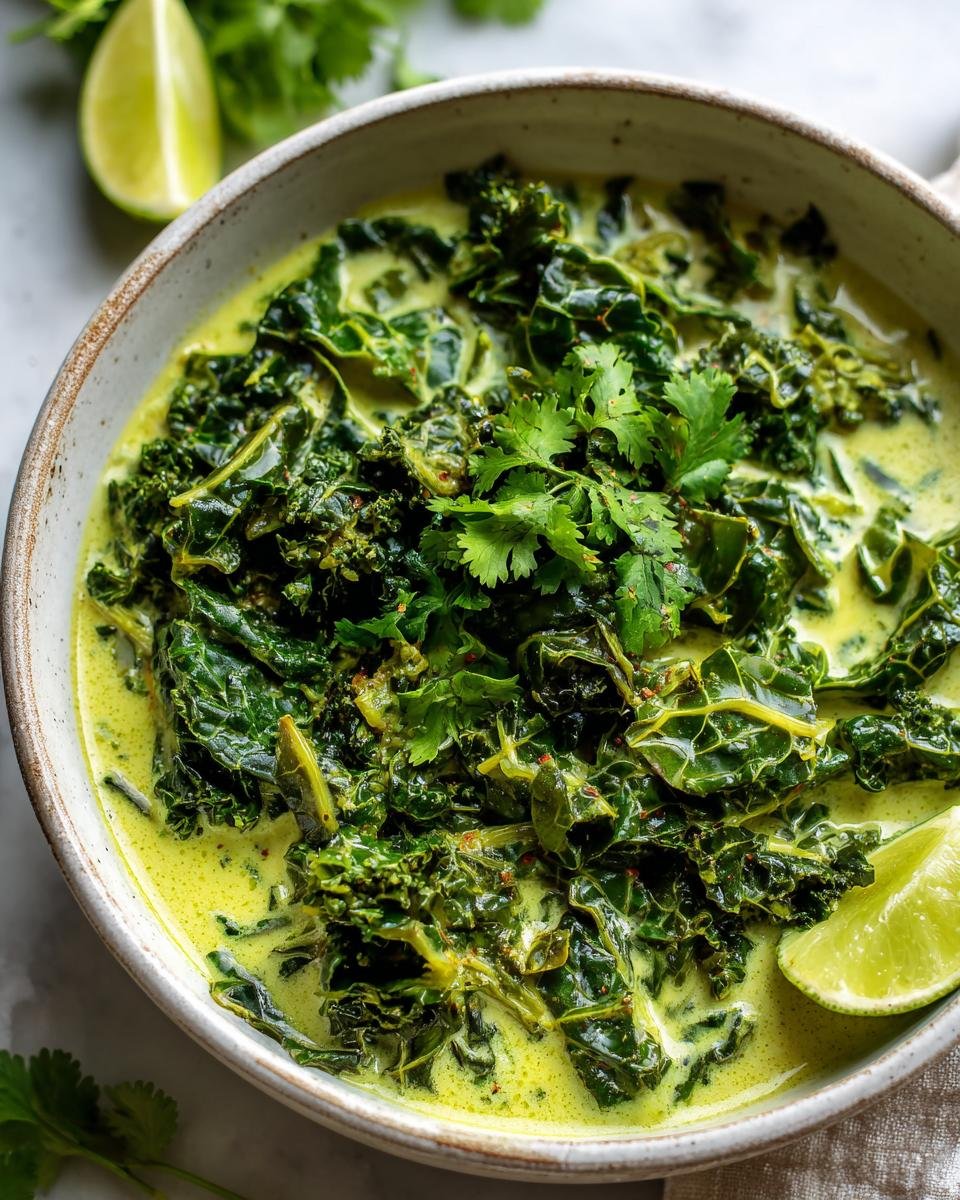 Bowl of Schnelles Grünkohl-Kokos-Curry, garnished with cilantro and lime wedges.