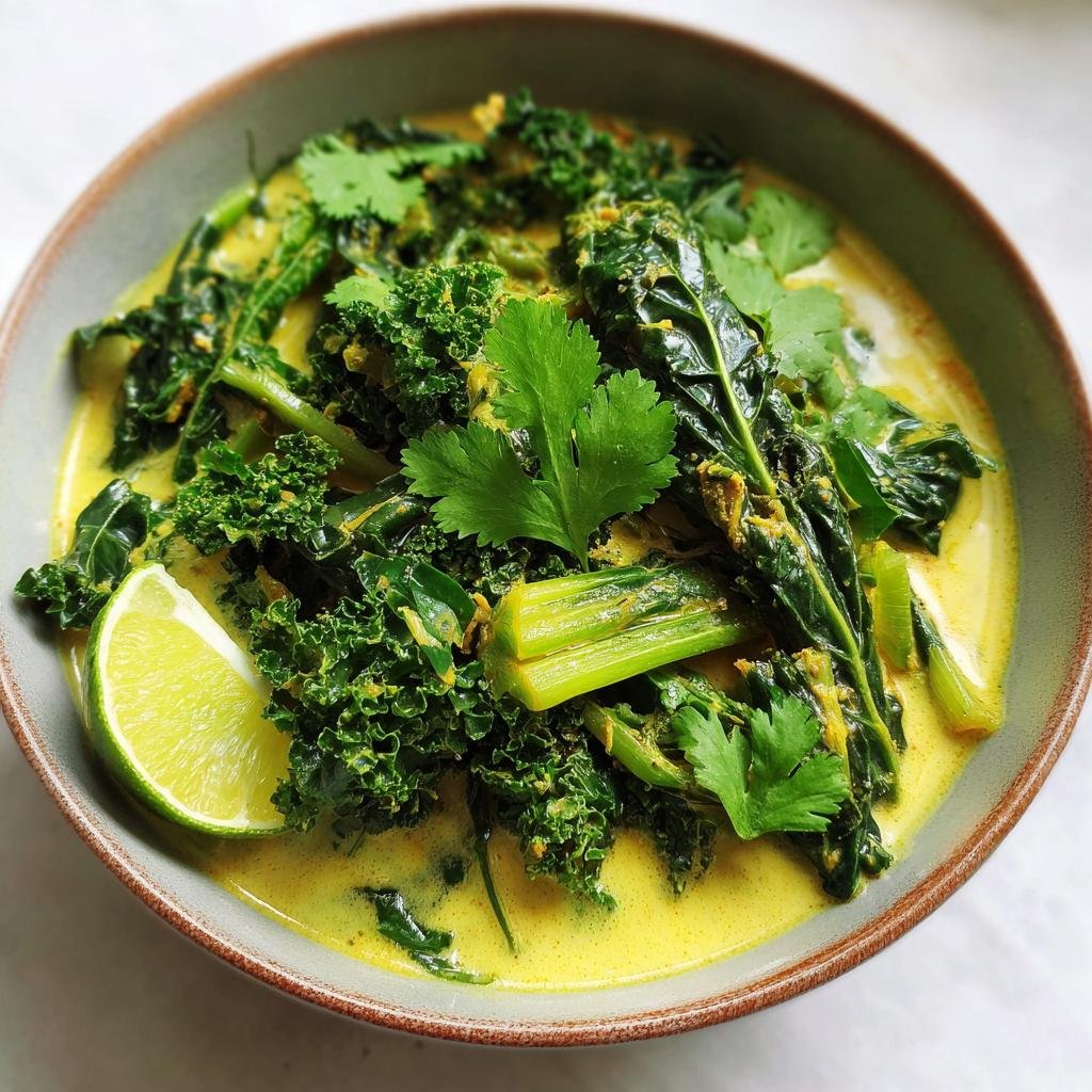 Bowl of Schnelles Grünkohl-Kokos-Curry garnished with cilantro and a lime wedge. Creamy and delicious!