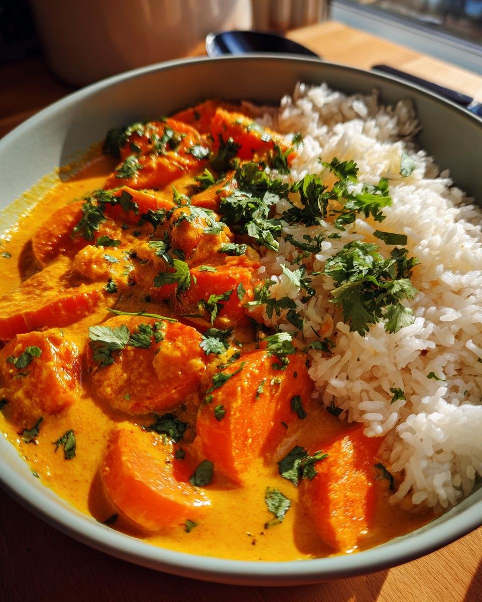 Bowl of Schnelles Karotten-Ingwer-Curry with rice, garnished with fresh cilantro.