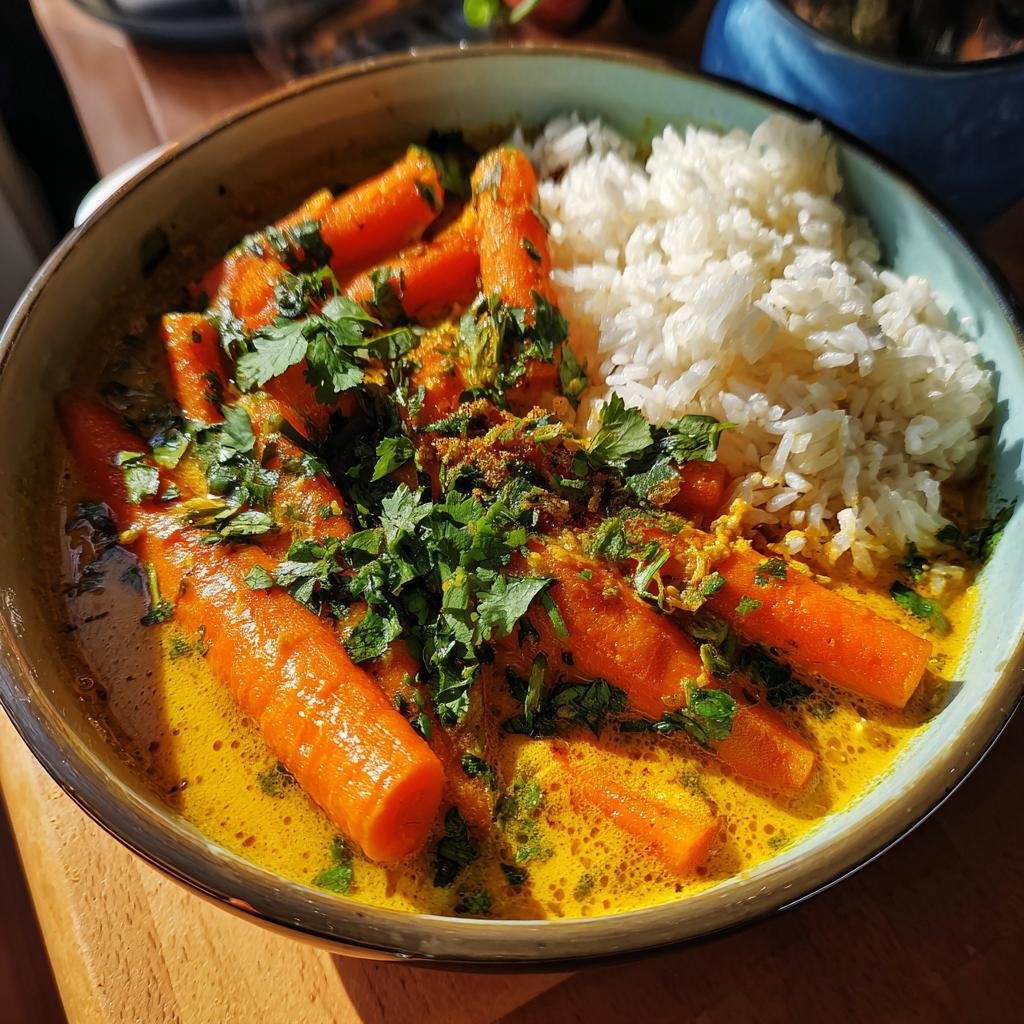 Bowl of Schnelles Karotten-Ingwer-Curry, a quick carrot ginger curry, served with white rice and fresh parsley.