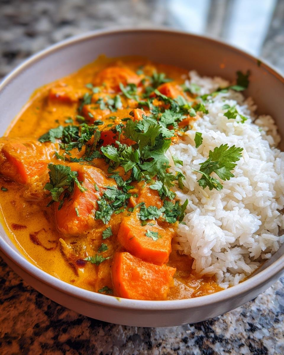 Schüssel mit Schnelles Karotten-Ingwer-Curry, serviert mit Reis und frischem Koriander.