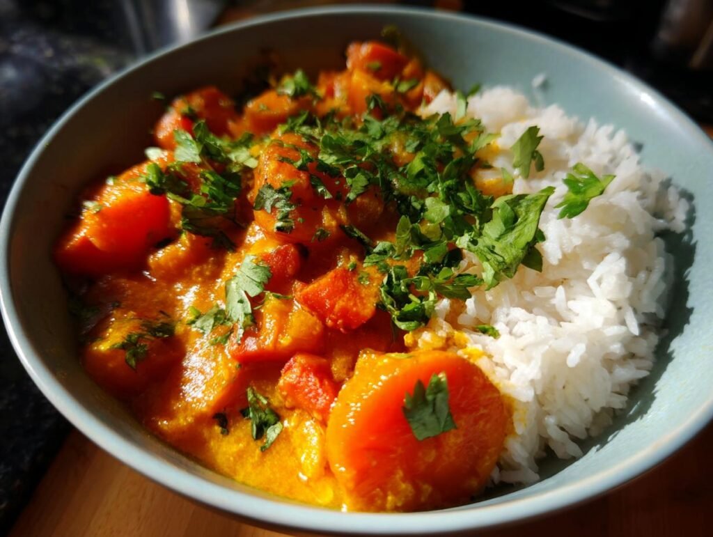 Schüssel mit Schnelles Karotten-Ingwer-Curry und Reis, garniert mit frischer Petersilie.