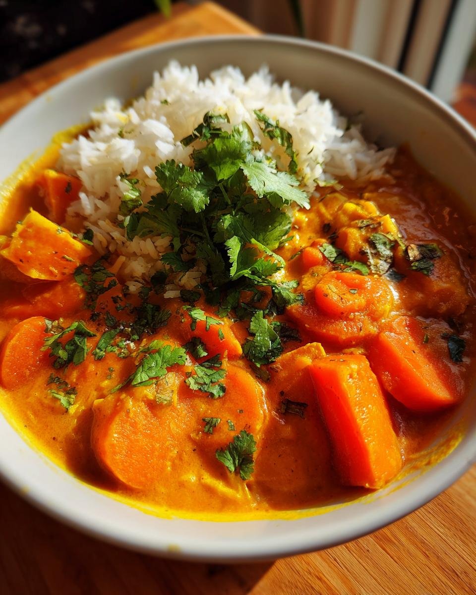Nahaufnahme von Schnelles Karotten-Ingwer-Curry mit Reis und frischem Koriander in einer Schüssel.
