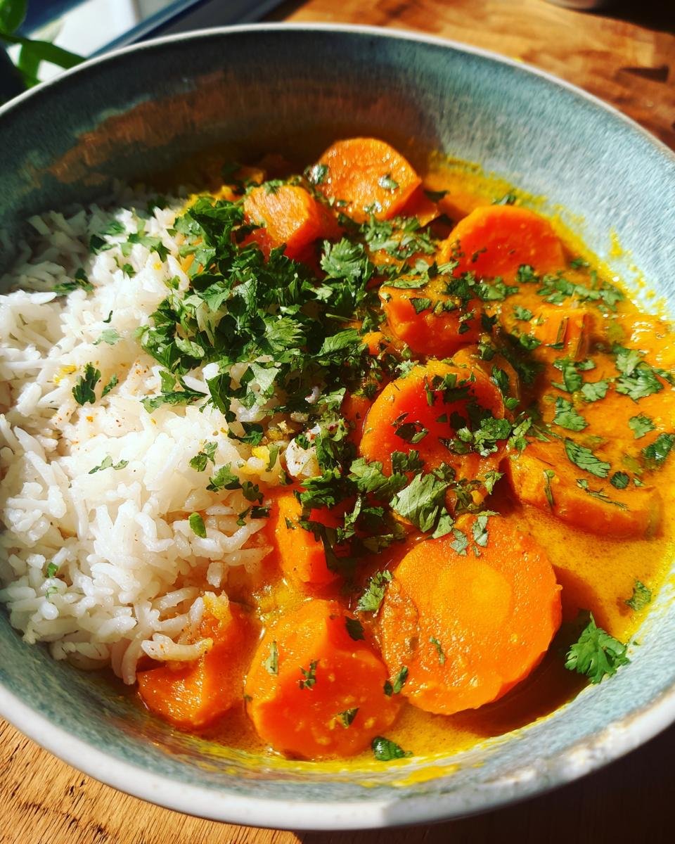 Close-up of a bowl of Schnelles Karotten-Ingwer-Curry with rice and fresh herbs.