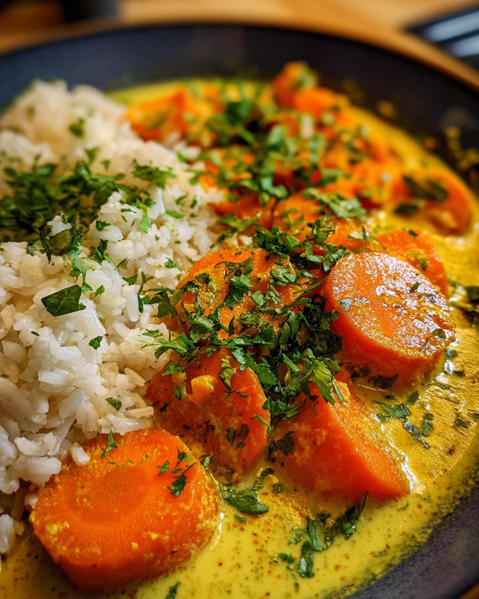 Close-up of Schnelles Karotten-Kokos-Curry mit Ingwer served with rice and garnished with fresh herbs.