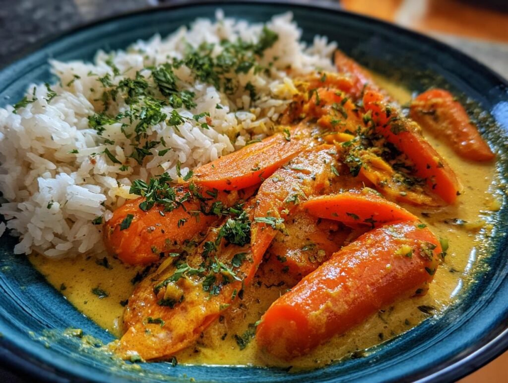 A plate of Schnelles Karotten-Kokos-Curry mit Ingwer, served with rice and garnished with fresh herbs.