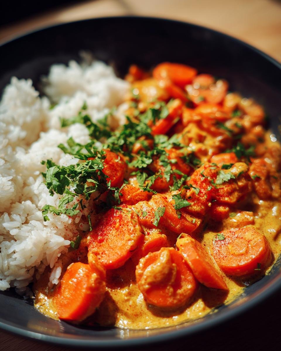 A bowl of Schnelles Karotten-Kokos-Curry mit Ingwer, served with white rice and garnished with fresh herbs.